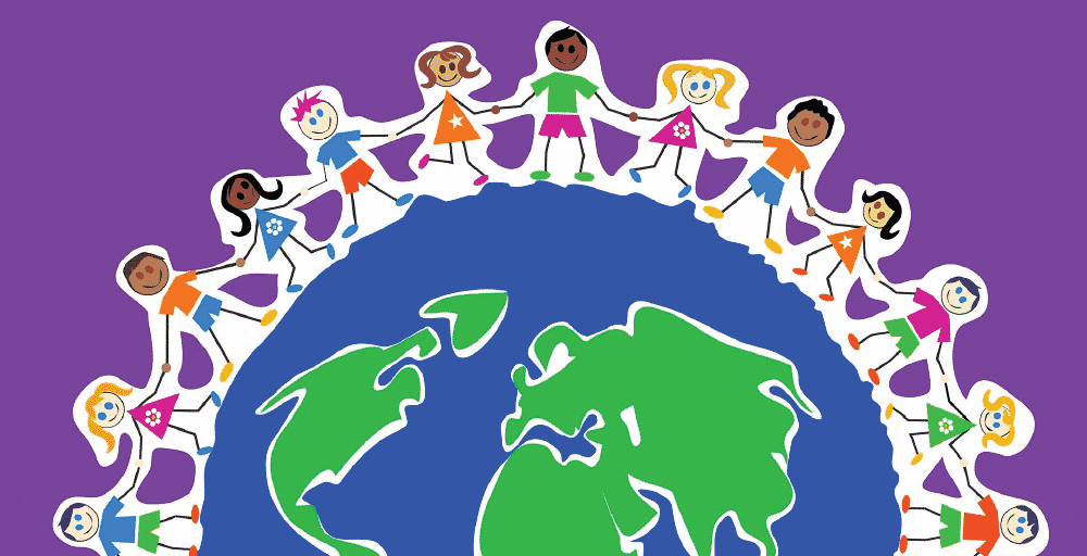 Diverse children holding hands around the Earth