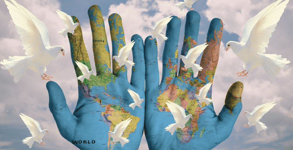 Earth hands with doves flying