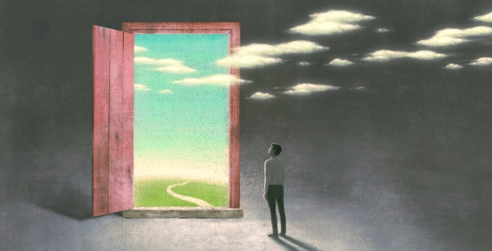 Surreal art of dream success and hope concept , imagination artwork, ambition idea painting illustration, man with nature in a door