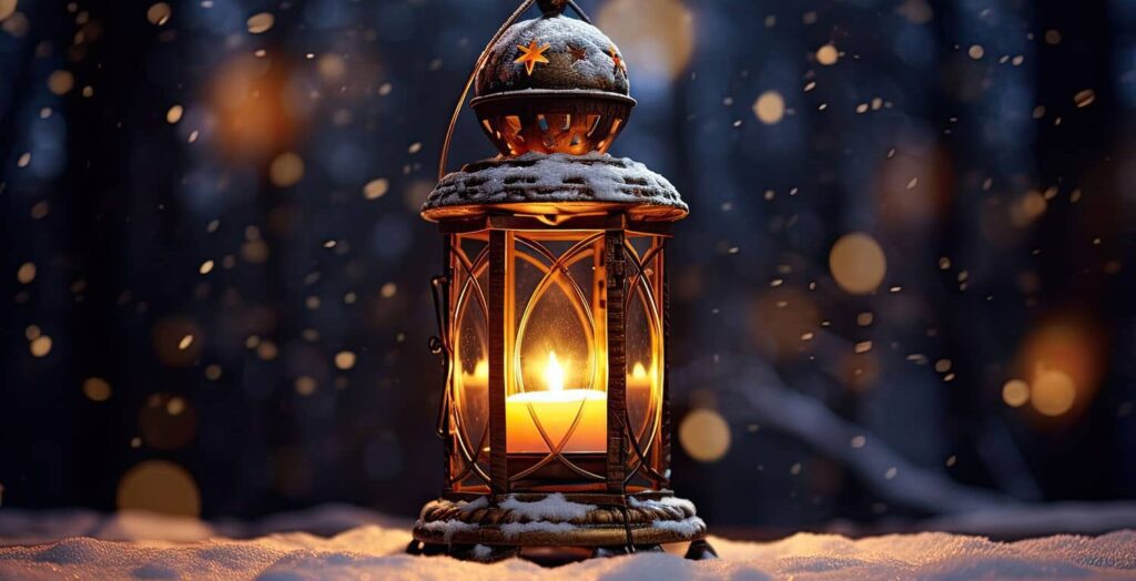 Christmas lantern with burning candle in winter.