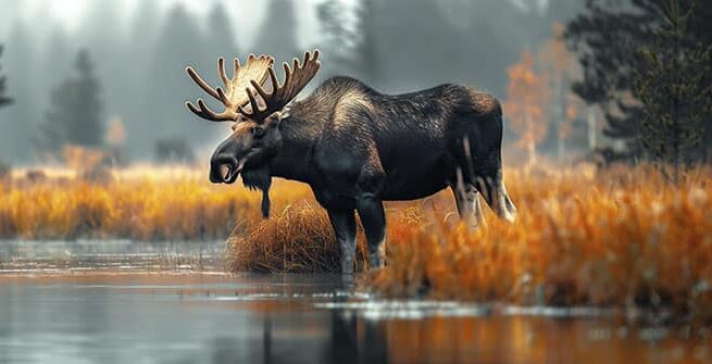 Male horned elk moose in autumn field near a river on a forest background close up