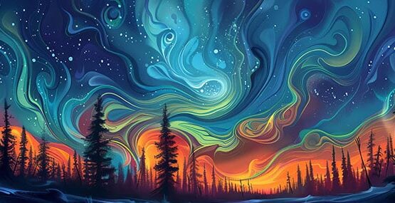 The enchanting beauty of the aurora borealis in the Canadian wilderness, focusing on the intricate swirls and patterns of the Northern Lights as they illuminate the night sky with their magical, ethereal glow