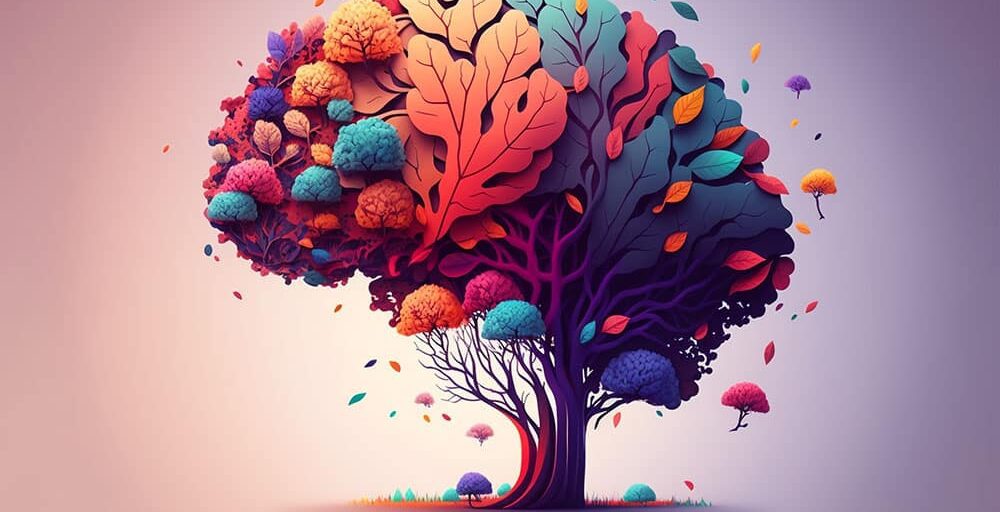 Human brain tree with flowers