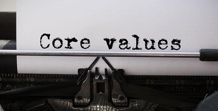 Core values typed on white paper by a typewriter
