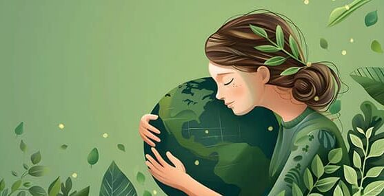 Woman dressed in green embracing a green earth