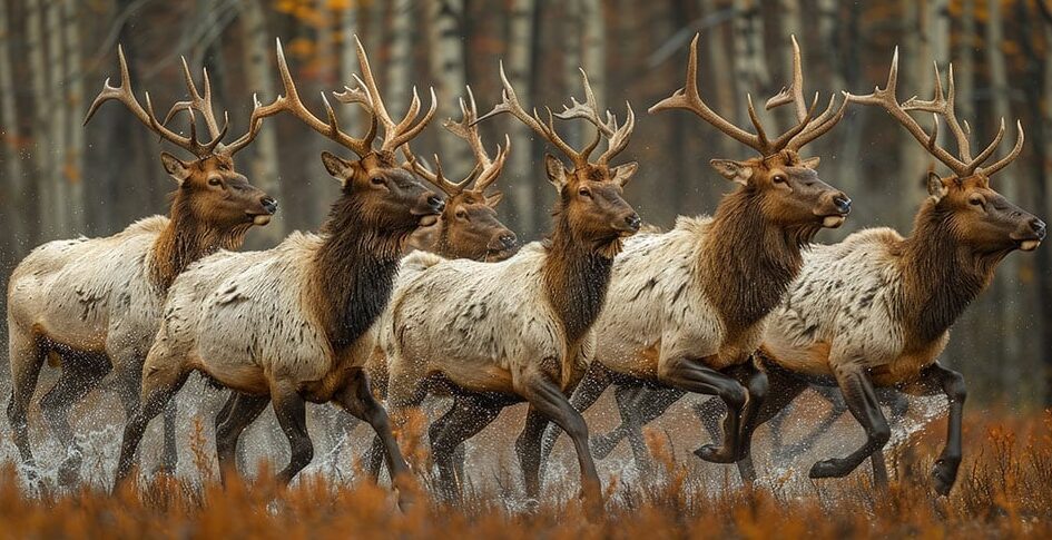 Elk Herd Moving Swiftly Through a Forest, Illustrating Unity and Collective Movement.