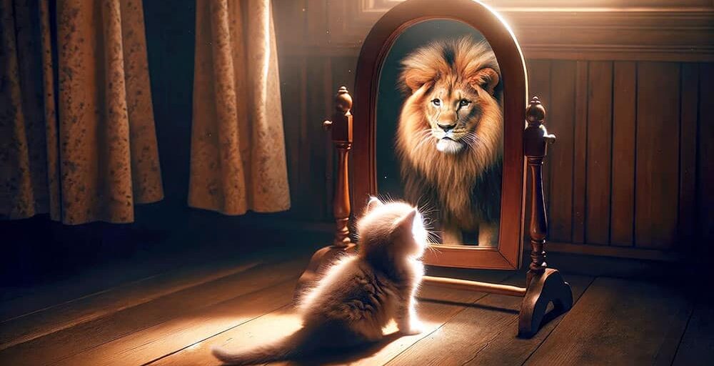 kitten in front of a mirror with reflection of a lion. Self belief