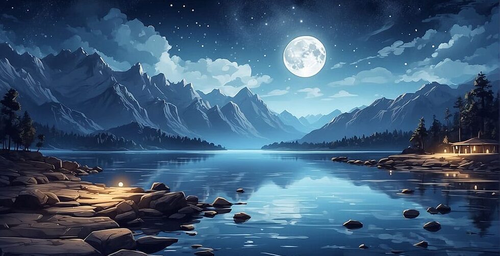 Scenic view on the lake with bright moon and stars