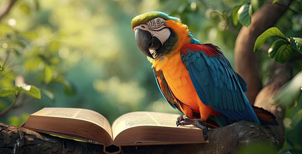 A vibrant photograph capturing a parrot perched on a tree branch emerging from an open book, illustrating the colorful stories and adventures our pets bring into our lives. The composition showcases the dynamic interaction between the playful parrot and the imaginative world of books. Photorealistic 3D rendering with attention to detail in portraying the lively and enchanting scene.