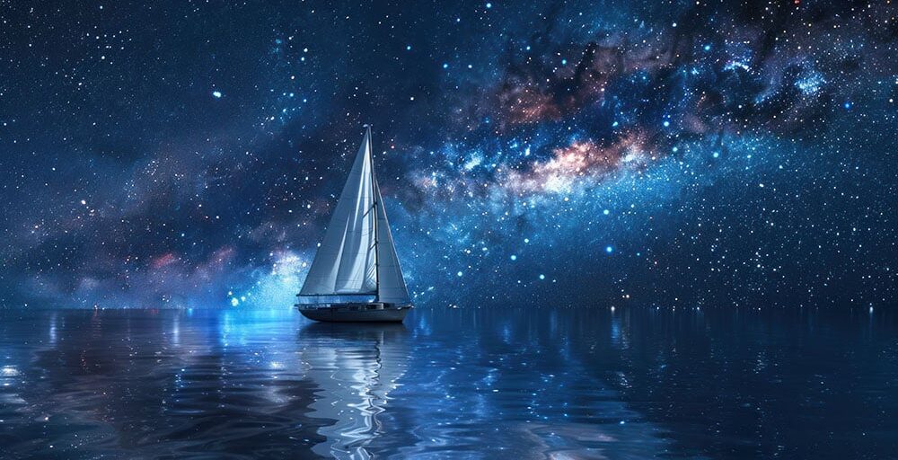 A small sailboat is floating on a calm lake at night. The sky is filled with stars and the water is reflecting the stars. The scene is peaceful and serene