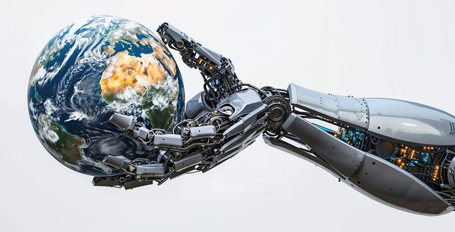 A robotic hand holds a realistic Earth