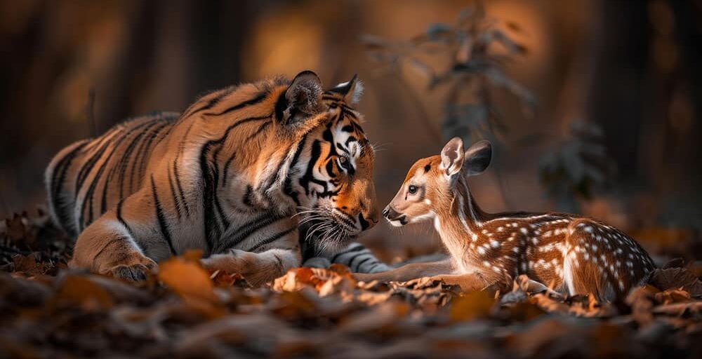 Tiger and deer peacefully coexist in sunlit forest