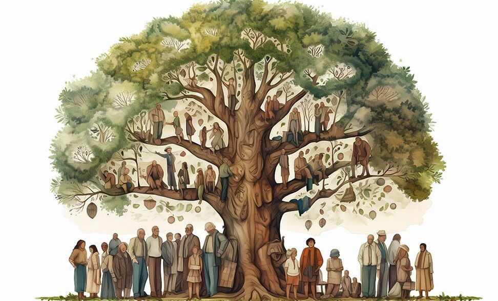 A group of people standing in front of a tree