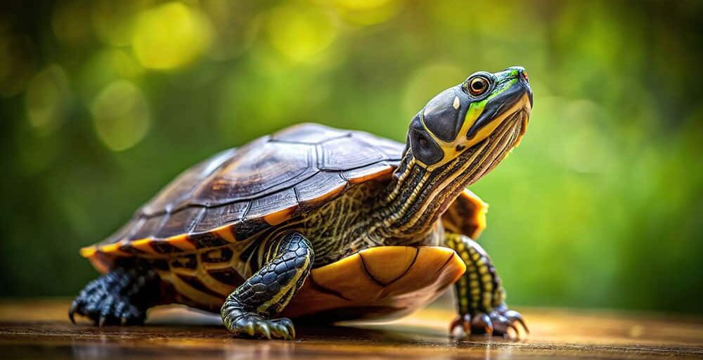 wise turtle on a brown surface in the woods