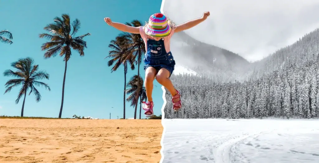 hot and cold. girl jumping in the middle of a picture of a beach and a wintery mountain