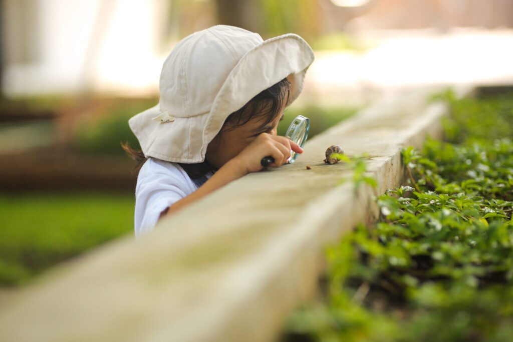 Little kid girl asian wearing a white hat and jeans jumpsuit and exploring nature with a magnifying glass.