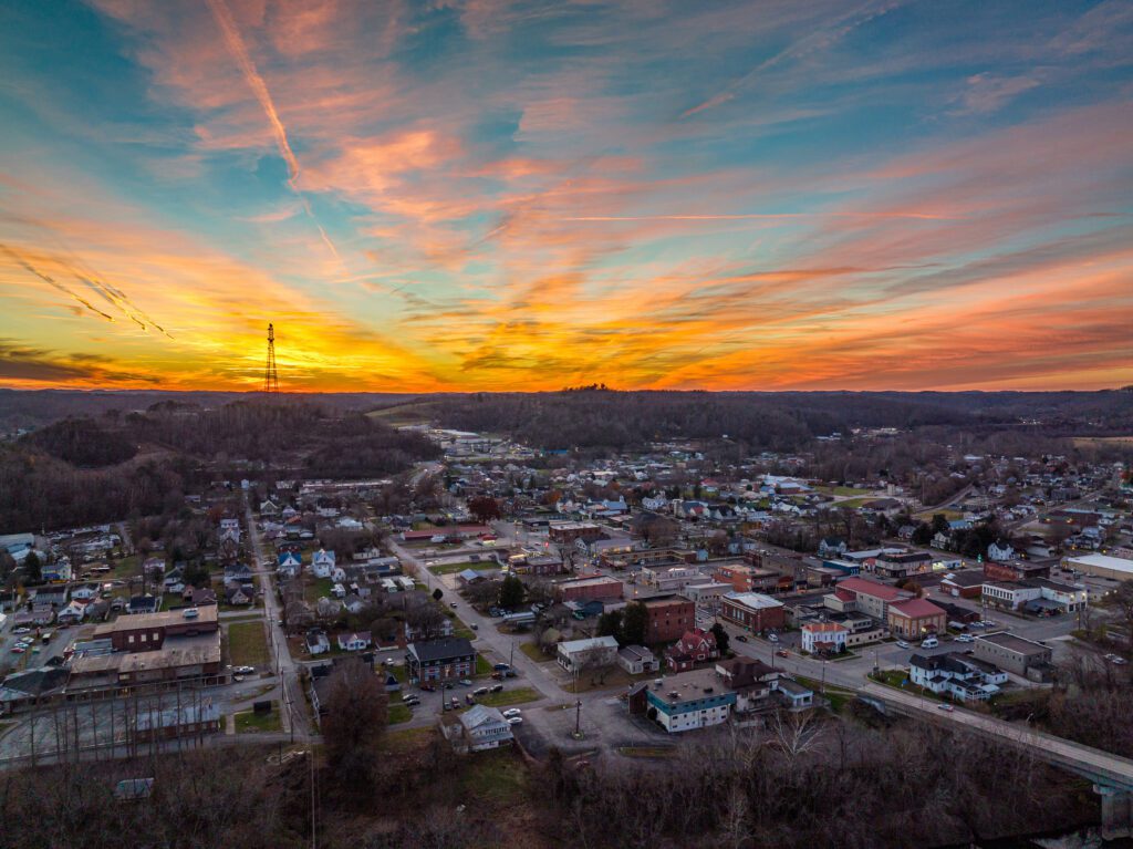 sunset over small town
